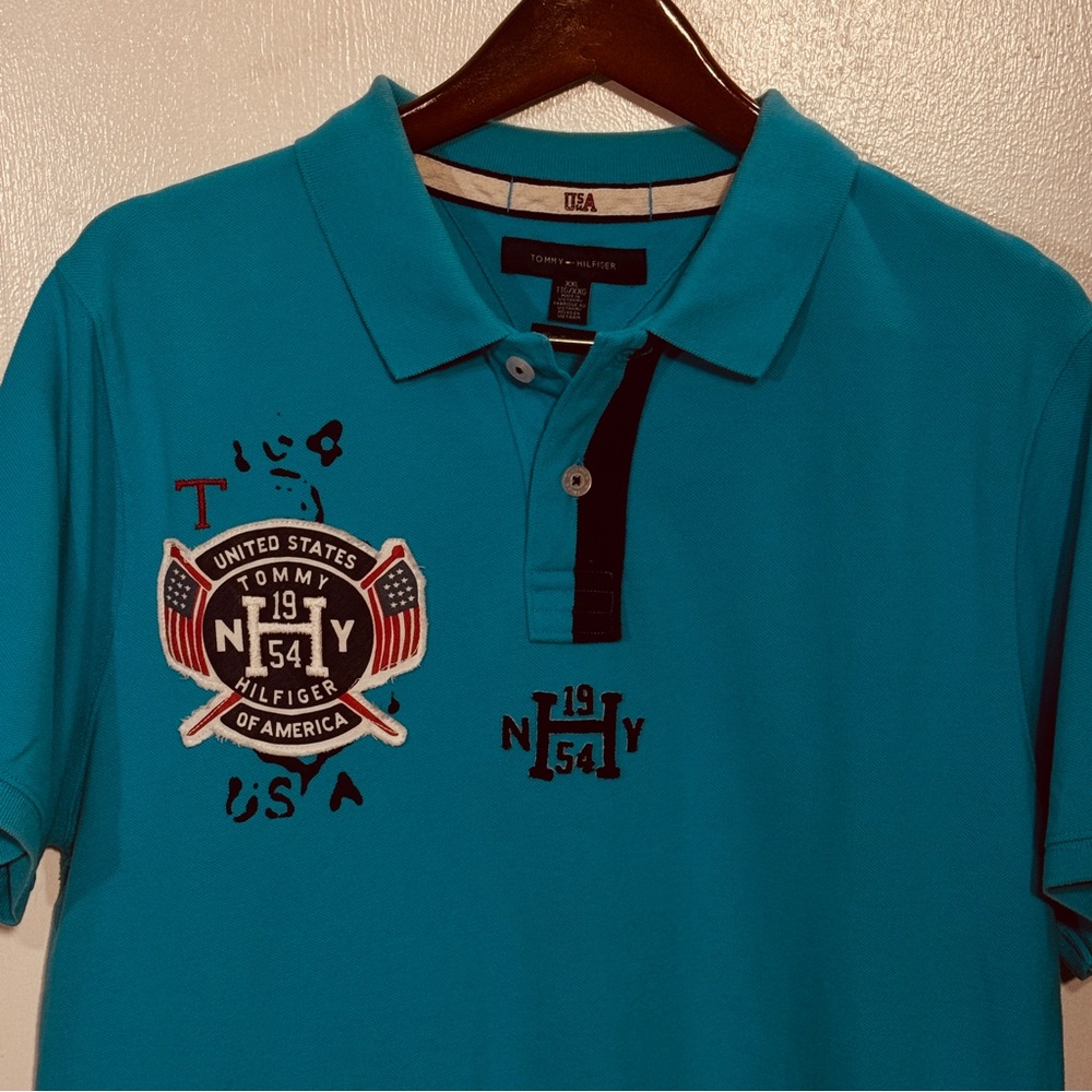 Y2K Vintage Slim Fit Tommy Hilfiger Cyan Blue Polo Shirt USA Patch 1954 New York